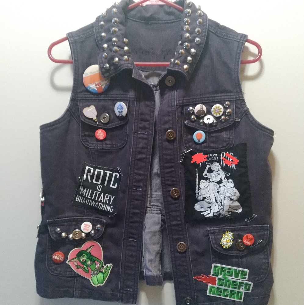 Customized Punk Patch Denim Studded Spiked Starter Vest Upcycled DIY Political